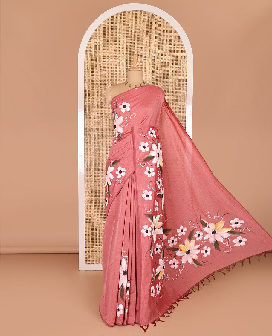 Borderless pink hand painting style floral printed South cotton saree, floral printed pallu, and a matching floral printed blouse