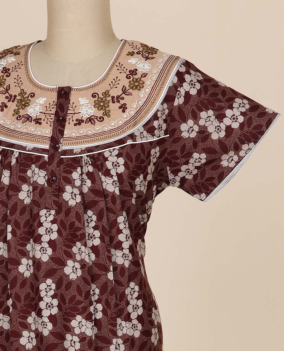 Maroon floral printed and floral thread embroidery round neck cotton half-sleeve nighty