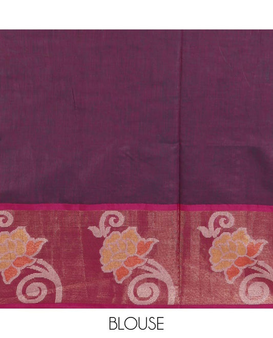 Rama green pochampally-style floral thread-woven chanderi cotton saree, contrast floral zari border & floral design pallu, plain blouse