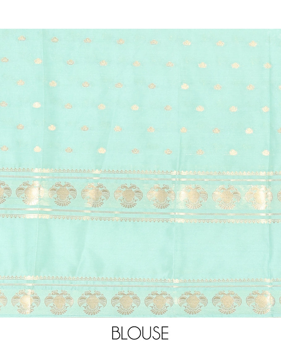 Royal Blue Art Mysore Silk Saree, Enriched with Zari Buttas All Over Its Body, Complemented by a Contrast Rettai Pettu Border of Two-Headed Eagle Designs, Pallu Steeped with Buttas and Stripes, and Paired with a Contrast Blouse