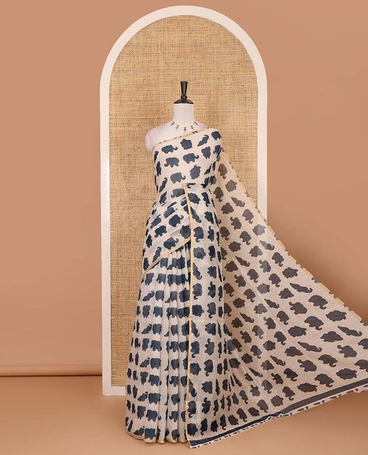 Borderless cream-blue elephant motifs printed linen cotton saree, matching elephant motifs printed blouse