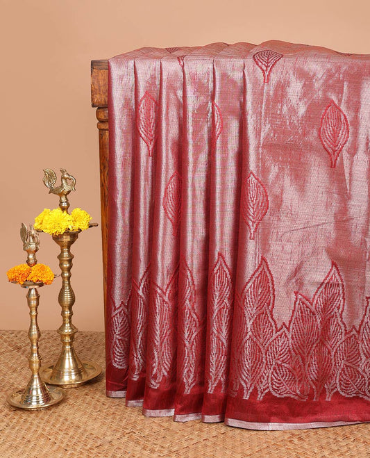 Red leaf zari butta soft kota tussar saree with leaf designb order & rich weaving pallu along with checks design blouse