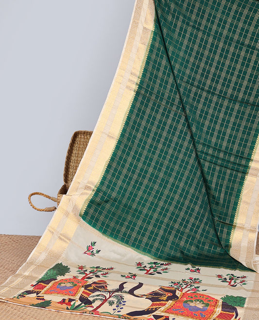 Green checked zari mysore silk saree with contrast zari border & forest theme print pallu