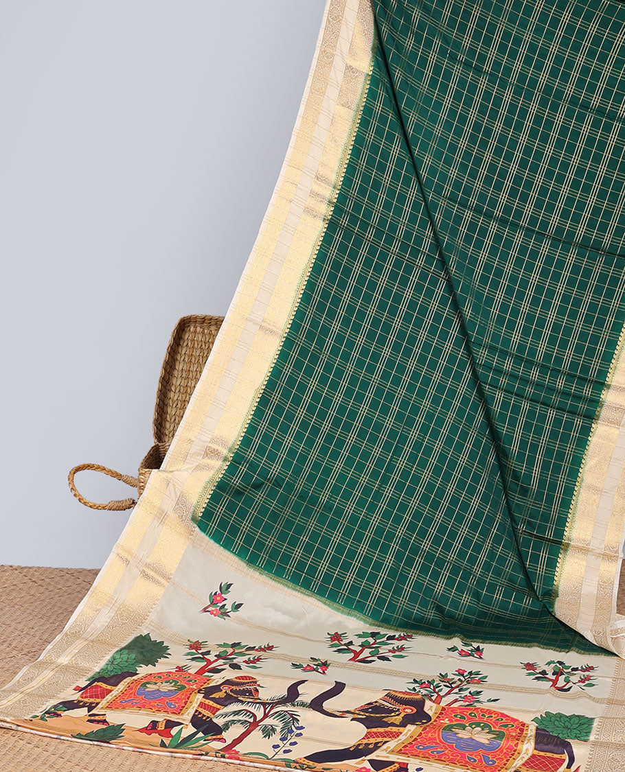 Green checked zari mysore silk saree with contrast zari border & forest theme print pallu