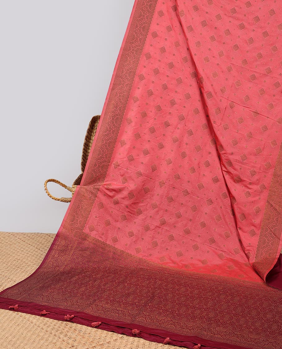 Red motifs semi- banaras tussar saree with self zari border & intricate zari jaal design pallu