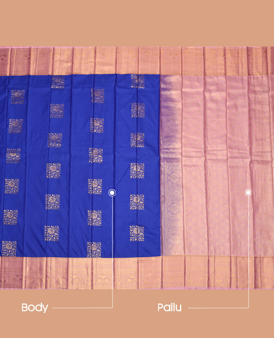 Royal Blue Budget Silk Saree, Accentuated with Zari Buttas, Complemented by a Contrast Traditional Border, Jaal Pallu, and a Contrast Blouse