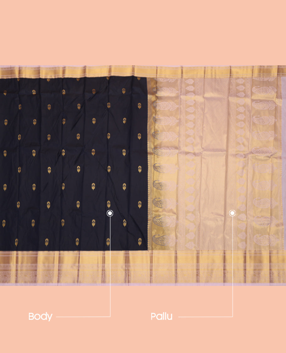 Black Budget Silk Saree, Enriched with Zari Buttas, Complemented by Contrast Traditional Zari Border, a Grand Pallu and a Contrast Blouse