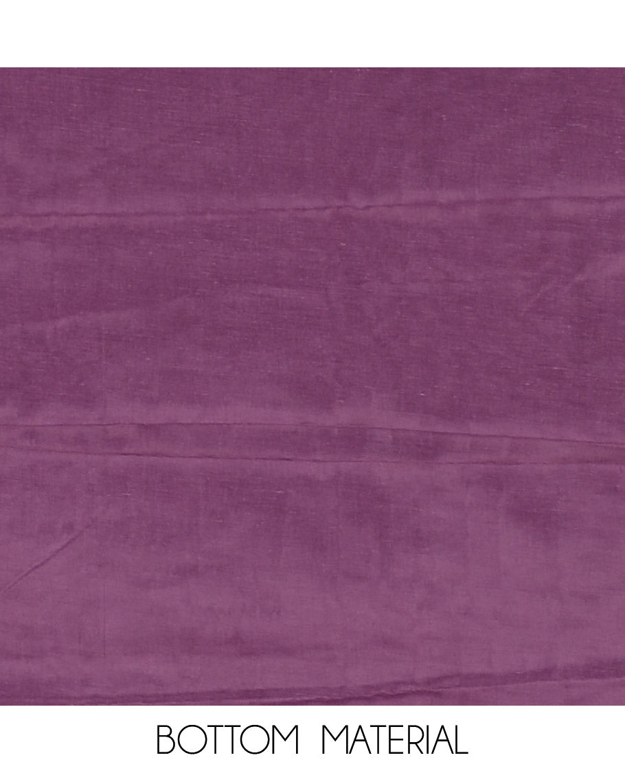 Purple material chudidar set, leaf-floral motifs thread and sequins embroidered kota cotton top, a matching bottom, and a leaf motifs thread and sequins embroidered dupatta
