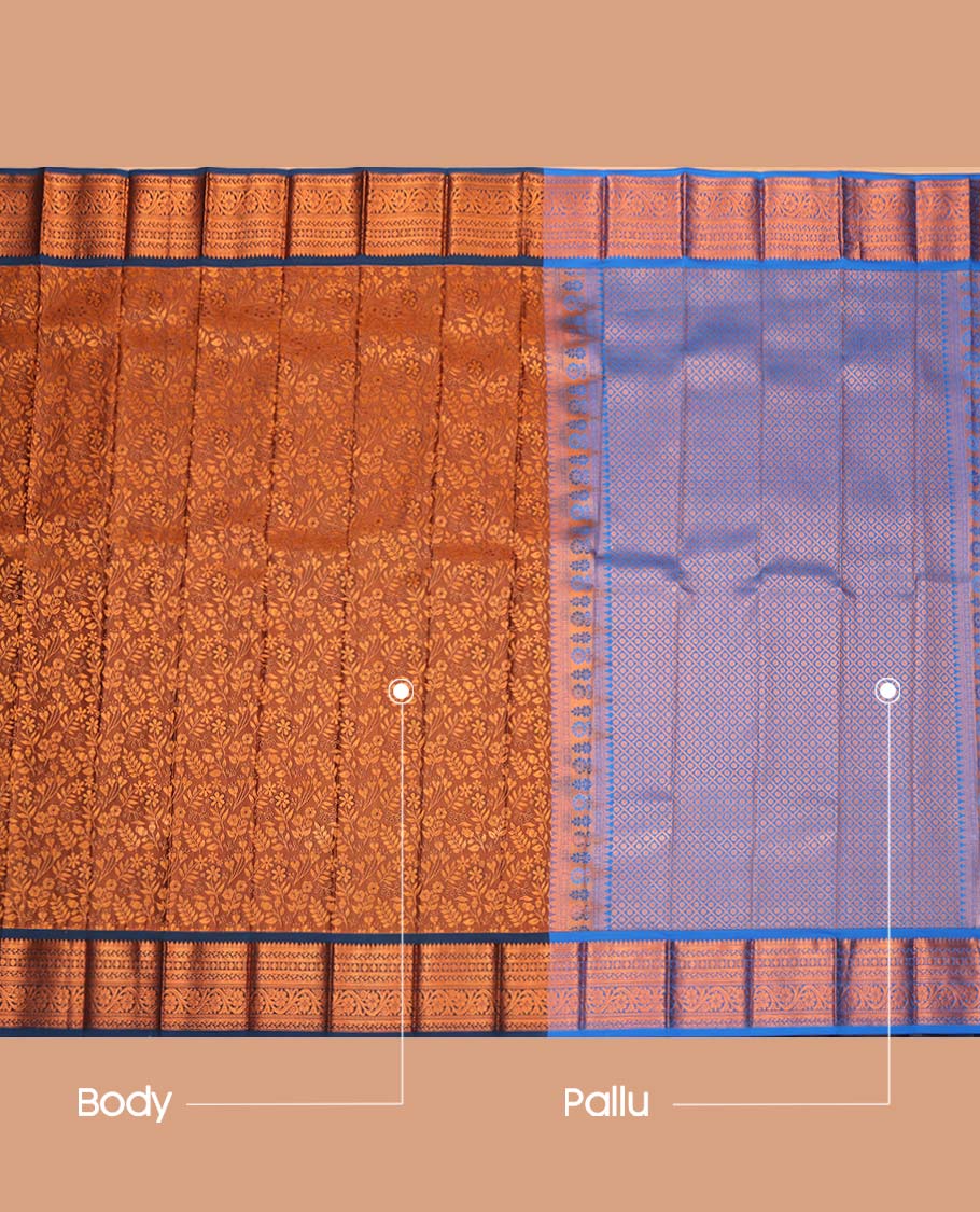 Brown Budget Silk Saree, Enriched with Floral Vine Design, Complemented by Contrast Traditional Zari Border, a Jaal Pallu and a Contrast Blouse