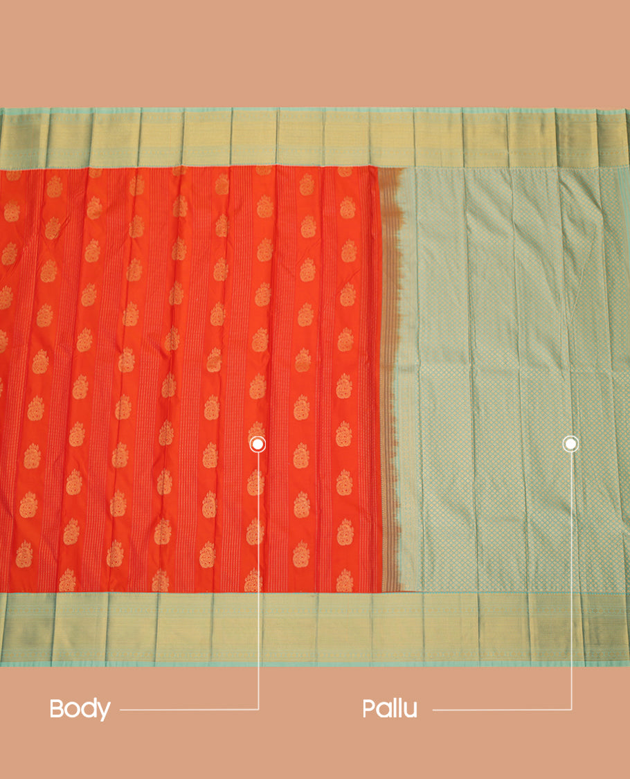 Orange Budget Silk Saree, Gleamed Up with Buttas and Stripes, a Contrast Traditional Zari Border, Grand Pallu, and a Contrast Blouse