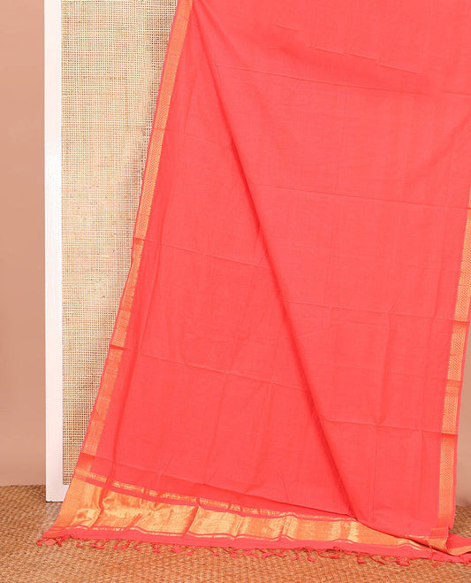 Peach Plain Mangalagiri Cotton Saree, Subtly Sparkled with Traditional Zari Design Border, Sparkling Zari Pallu, and Paired with a Matching Blouse