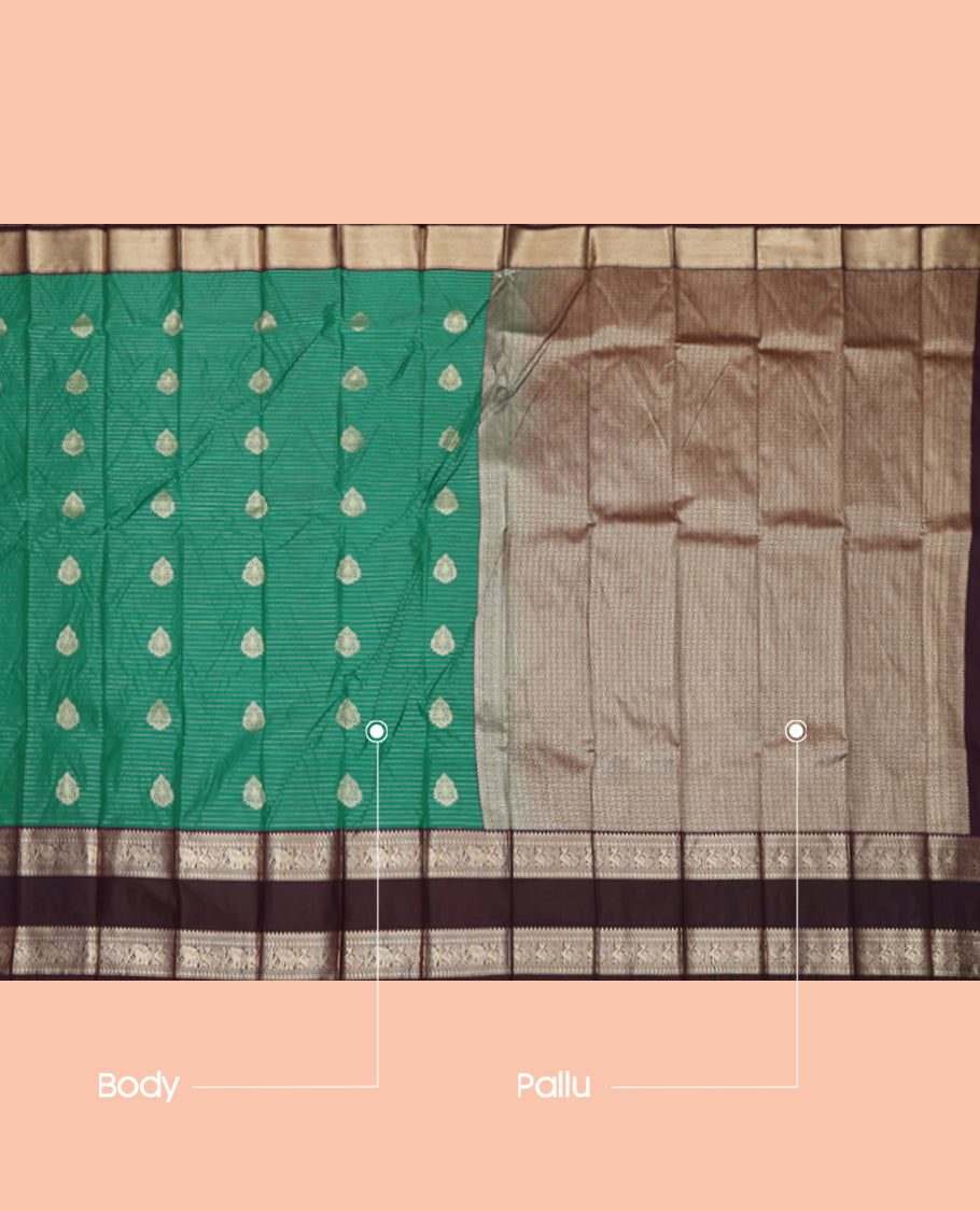 Green Budget Silk Saree, Prettified with Stripes and Floral Buttas, a Contrast Rettai Pettu Zari Border, a Grand Pallu and a Contrast Blouse