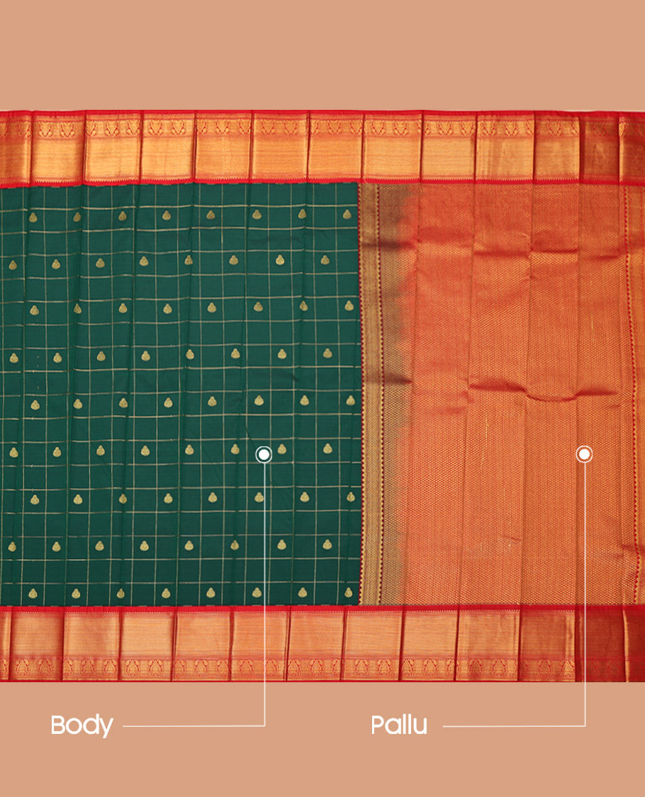 Green Budget Silk Saree, Decked Up with Zari Butta Enclosed Checks on Its Body, Complemented by a Contrast Traditional Zari Design Border, Grand Jaal Pallu, and Paired with a Contrast Blouse
