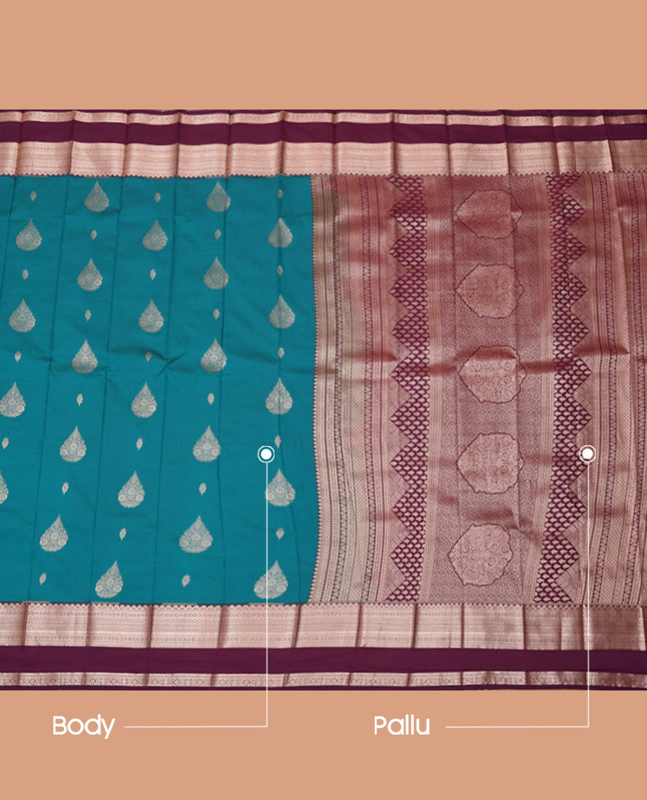 Blue Budget Silk Saree, Featuring Zari Buttas, Complemented by Contrast Traditional Rettai Pettu Zari Border, a Grand Pallu and a Contrast Blouse