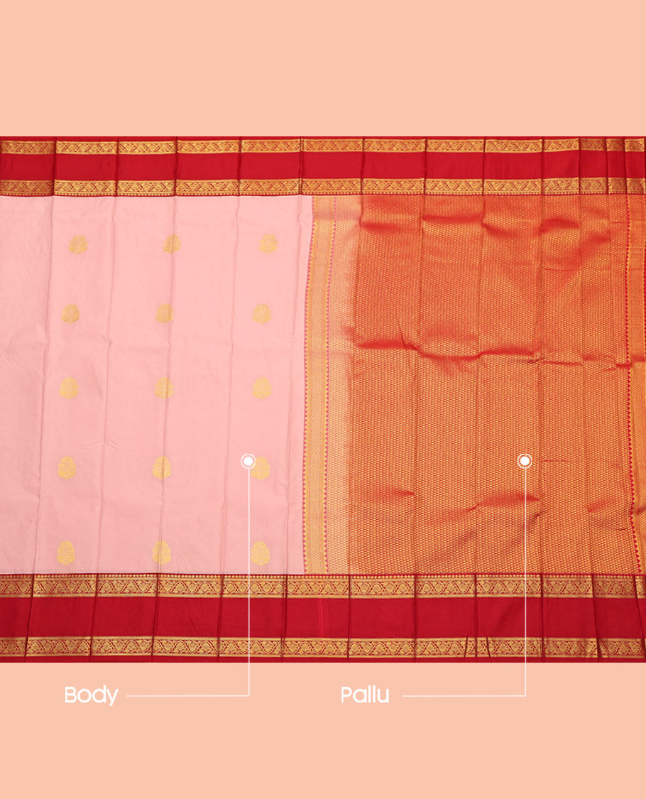 Pink Budget Silk Saree Featuring Zari Buttas, Complemented by Contrast Floral Creeper Rettai Pettu Border, Grand Pallu and a Contrast Blouse
