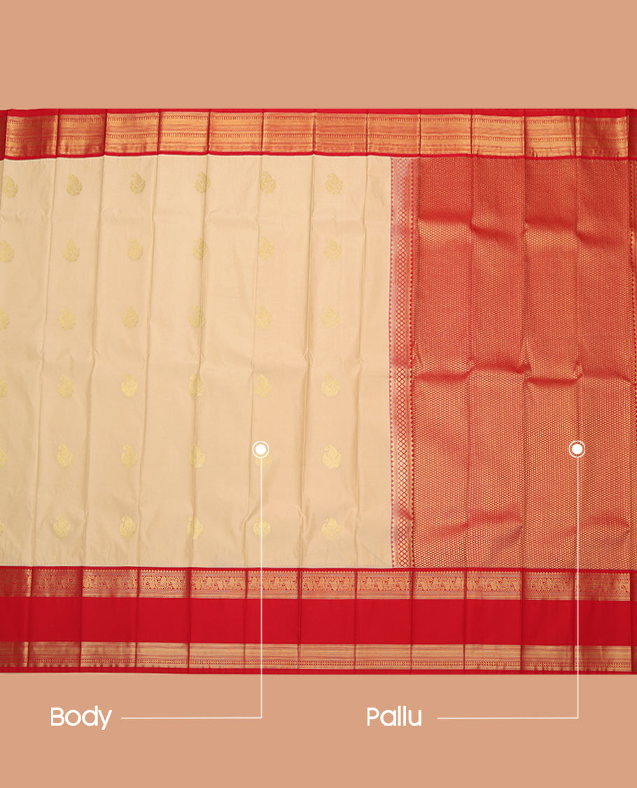 Light Sandal Budget Silk Saree, Crafted with Zari Buttas, a Contrast Traditional Zari Rettai Pettu Border, Grand Pallu, and a Contrast Blouse