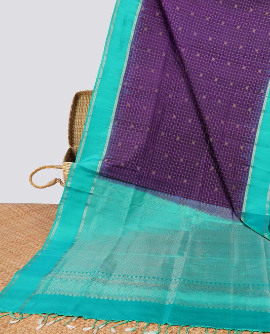 Violet checked soft silk saree with contrast zari border & floral zari design pallu
