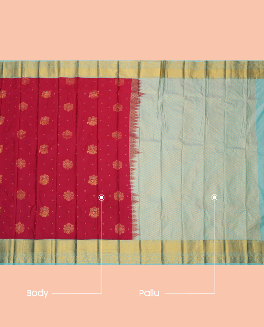 Red Budget Silk Saree, Highlighted by Zari Buttas, a Contrast Traditional Zari Border, Grand Jaal Pallu, and a Contrast Blouse