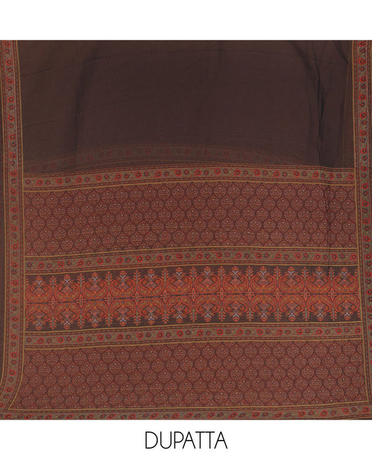 Black material chudidar set, floral-printed Italian crepe top, a plain bottom, and a floral and ogee-patterned printed georgette dupatta