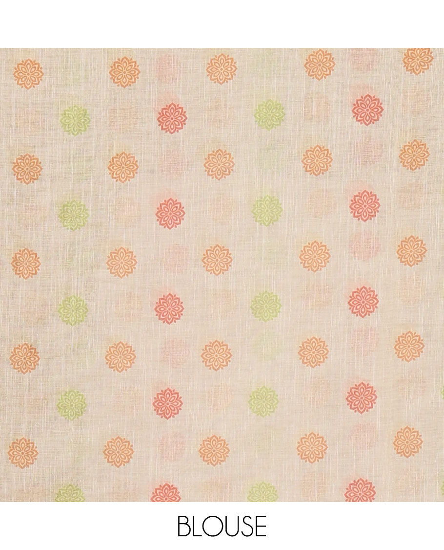 Cream full-plain linen saree, contrast orange big plain border, plain pallu & buttas printed matching blouse