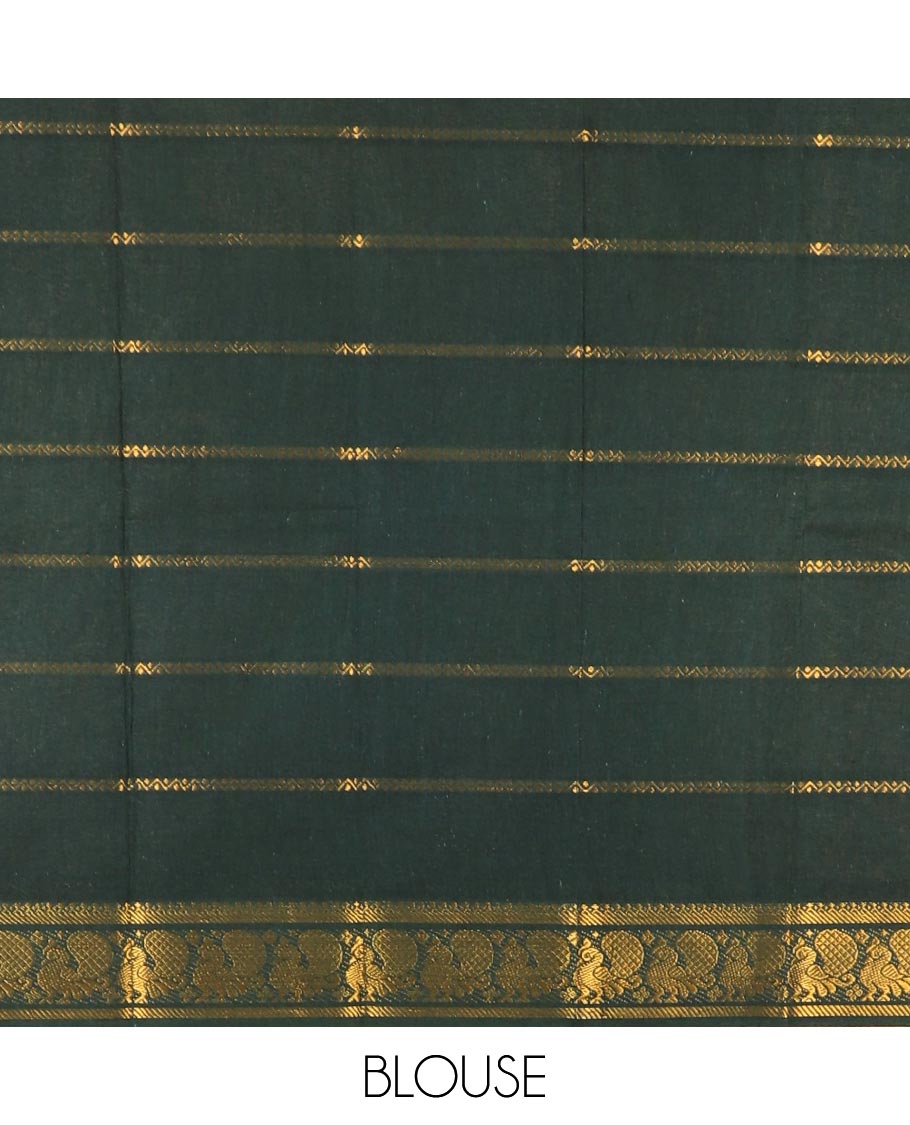 Orange plain sungudi cotton saree with contrast ganga jamuna rettai pettu zari border, zari striped pallu, and contrast veldhari striped blouse