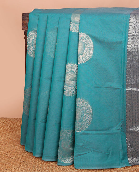 Borderless blue round buttas Combatiore cotton saree, contrast pallu of floral & geometric designs