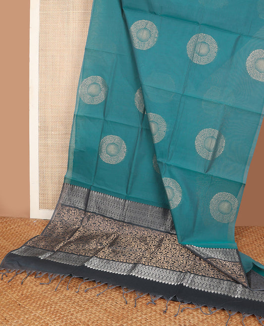 Borderless blue round buttas Combatiore cotton saree, contrast pallu of floral & geometric designs