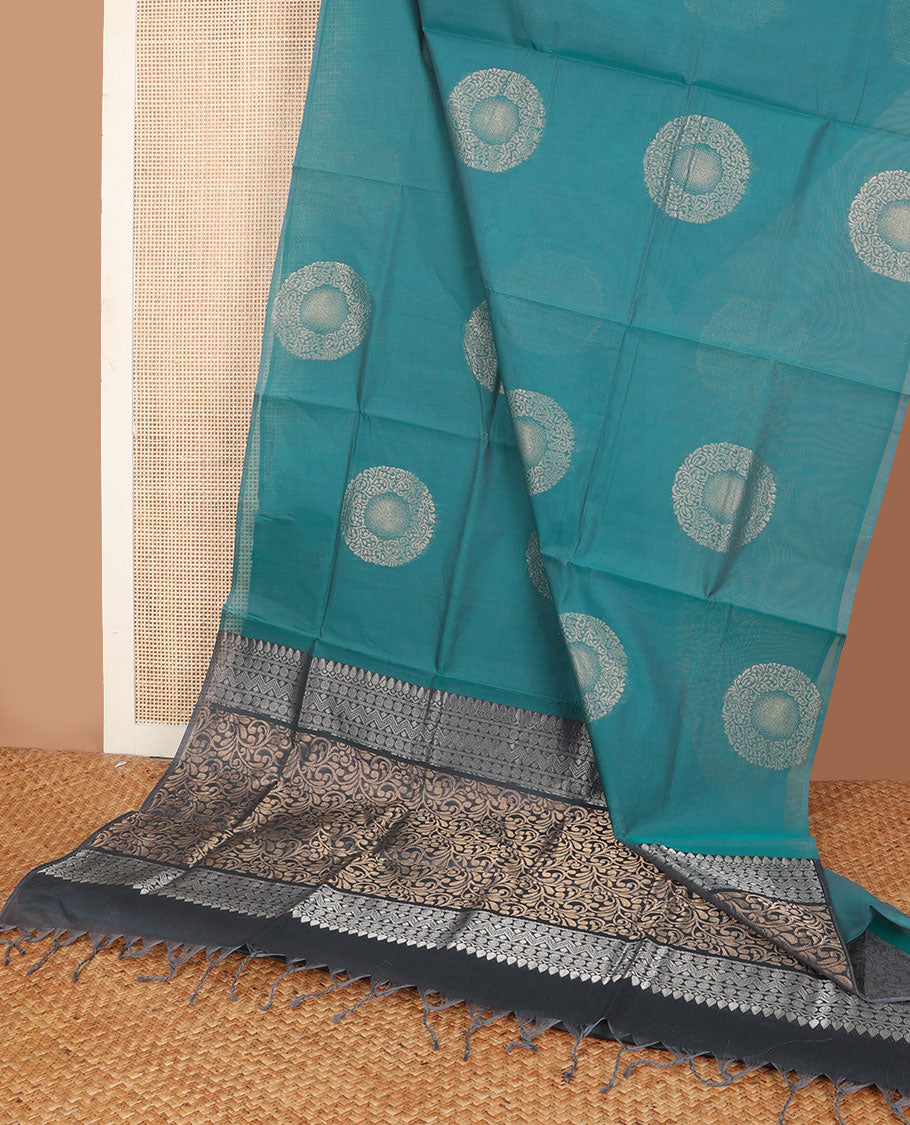 Borderless blue round buttas Combatiore cotton saree, contrast pallu of floral & geometric designs