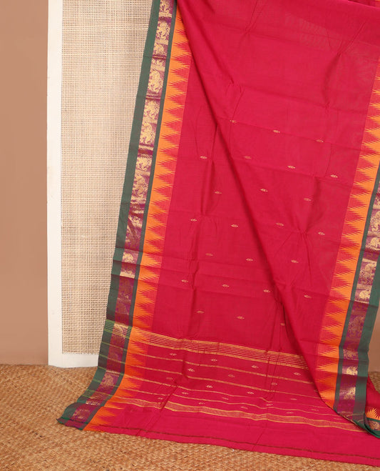 Red buttas Chettinad cotton saree, contrast temple border of elephant zari designs & pallu of stripes & buttas