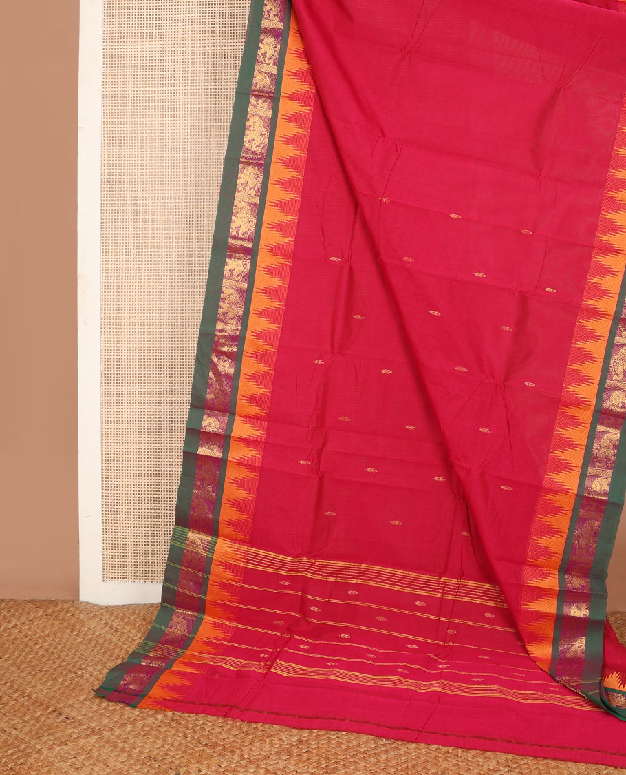 Red buttas Chettinad cotton saree, contrast temple border of elephant zari designs & pallu of stripes & buttas