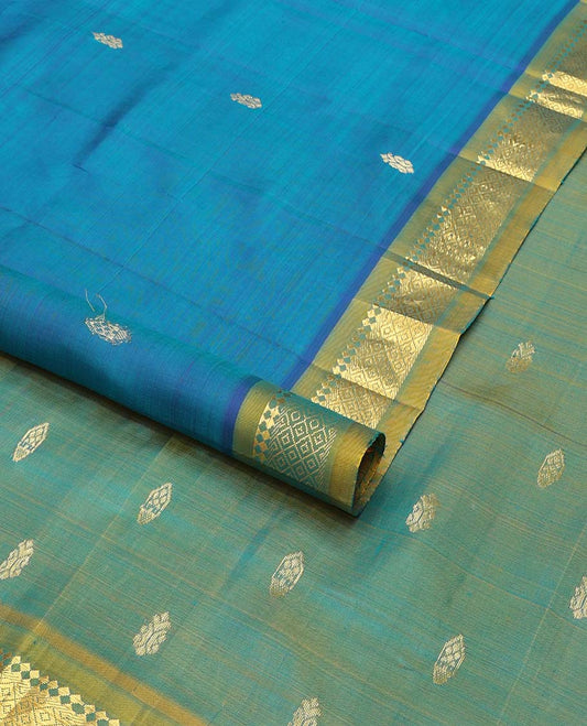 Blue floral buttas kancheepuram silk saree with contrast border of thilakam mokku, kayil kann design & striped, floral design pallu