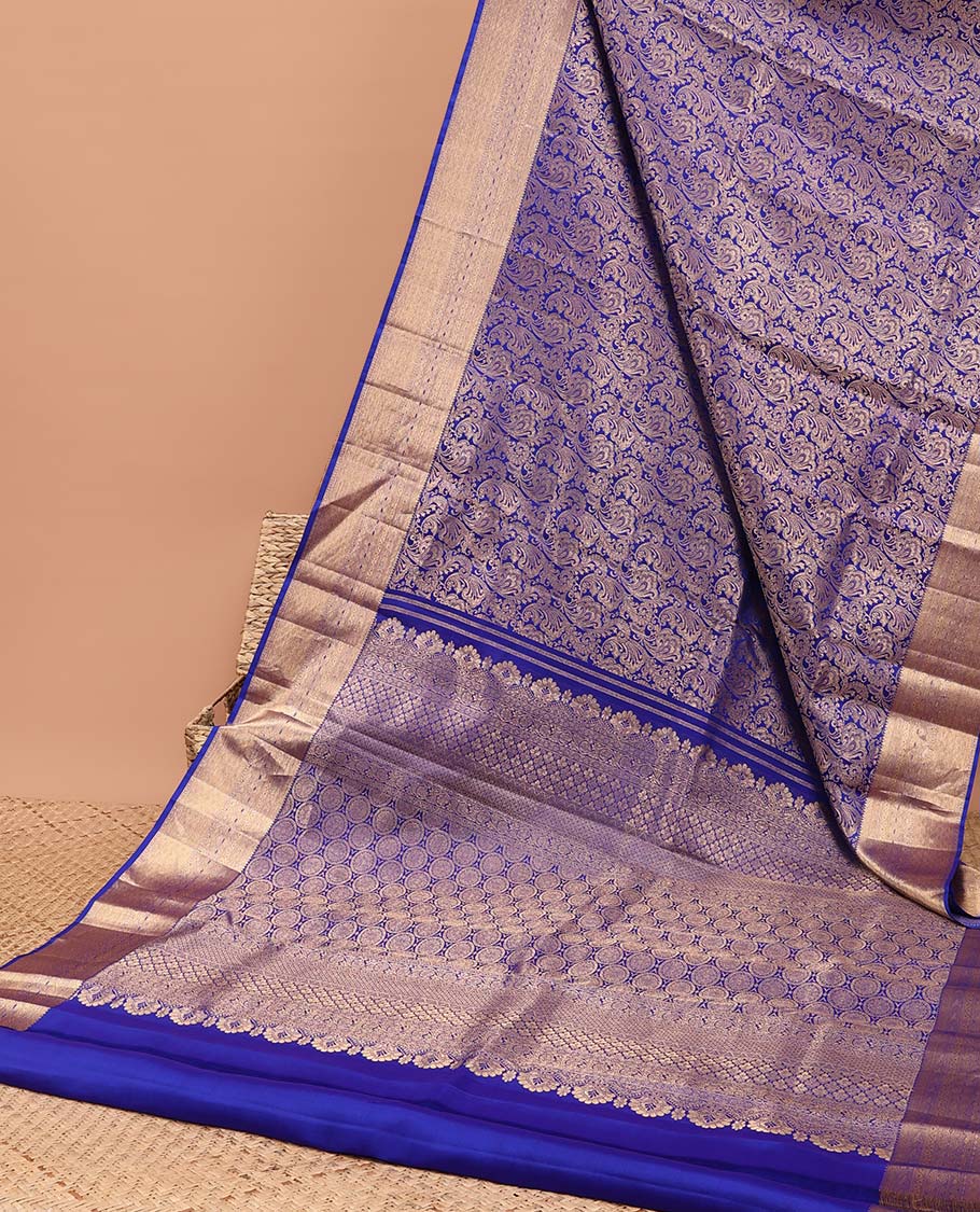 Blue jacquard kancheepuram silk saree with self floral zari border & intricate zari design pallu