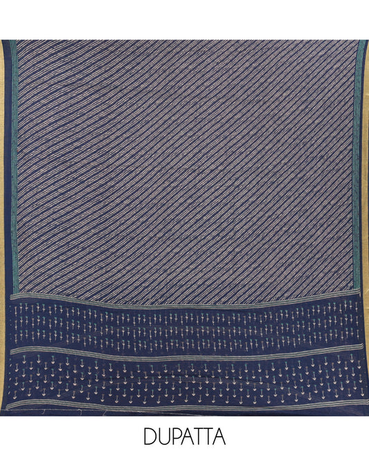 Indigo blue chudidar material set, floral buttas handblock printed cotton top, stripes & floral motifs handblock printed kota cotton dupatta & cotton handblock printed bottom