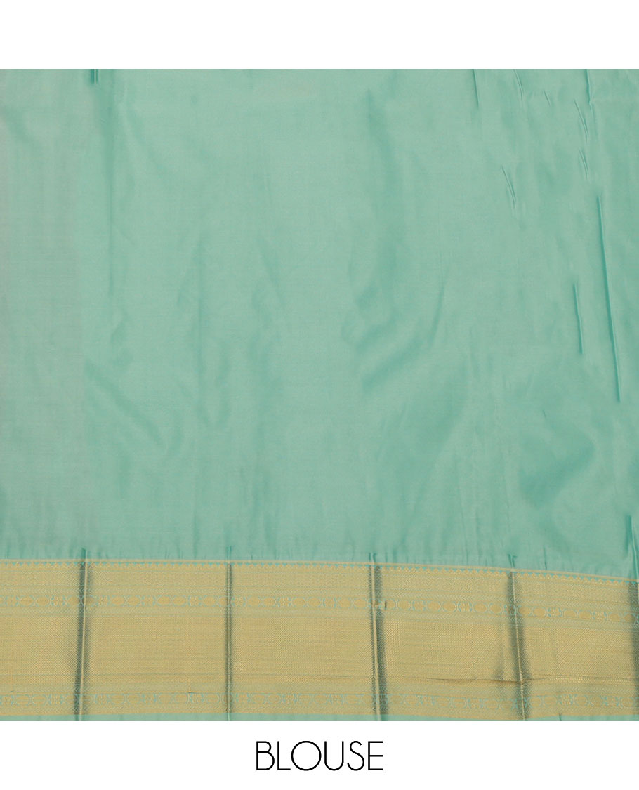 Orange Budget Silk Saree, Gleamed Up with Buttas and Stripes, a Contrast Traditional Zari Border, Grand Pallu, and a Contrast Blouse