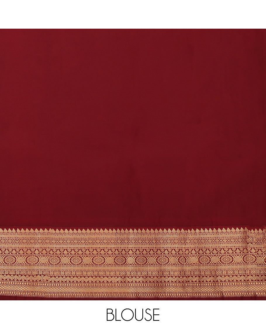Red Budget Silk Saree, Accentuated with Zari Buttas on Its Body, Complemented by a Contrast Traditional Zari Design Border, Intricately Designed Pallu, and Paired with a Contrast Blouse