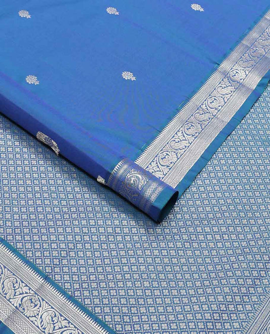 Blue floral buttas vasundhara elite silk saree with self border of traditional zari design & checked floral design pallu
