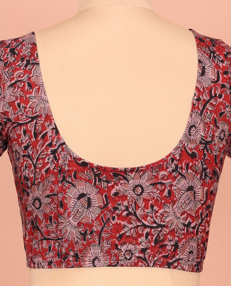 Red Cotton Readymade Blouse Elegantly Highlighted with All-Over Floral Vine Print, Front Round-Neck, Back Round Neck, and Elbow Sleeves