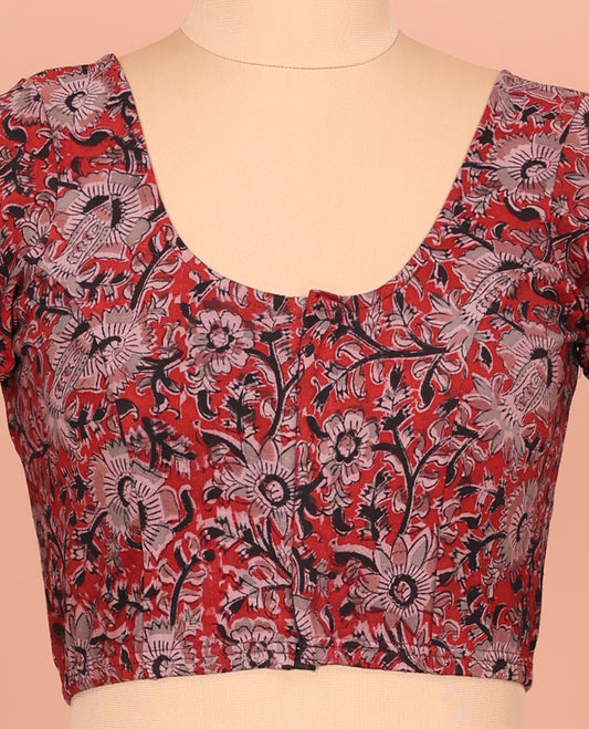 Red Cotton Readymade Blouse Elegantly Highlighted with All-Over Floral Vine Print, Front Round-Neck, Back Round Neck, and Elbow Sleeves