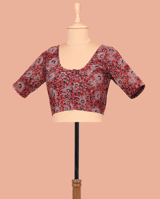 Red Cotton Readymade Blouse Elegantly Highlighted with All-Over Floral Vine Print, Front Round-Neck, Back Round Neck, and Elbow Sleeves
