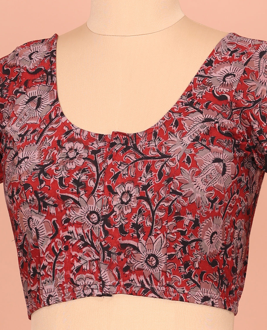 Red Cotton Readymade Blouse Elegantly Highlighted with All-Over Floral Vine Print, Front Round-Neck, Back Round Neck, and Elbow Sleeves