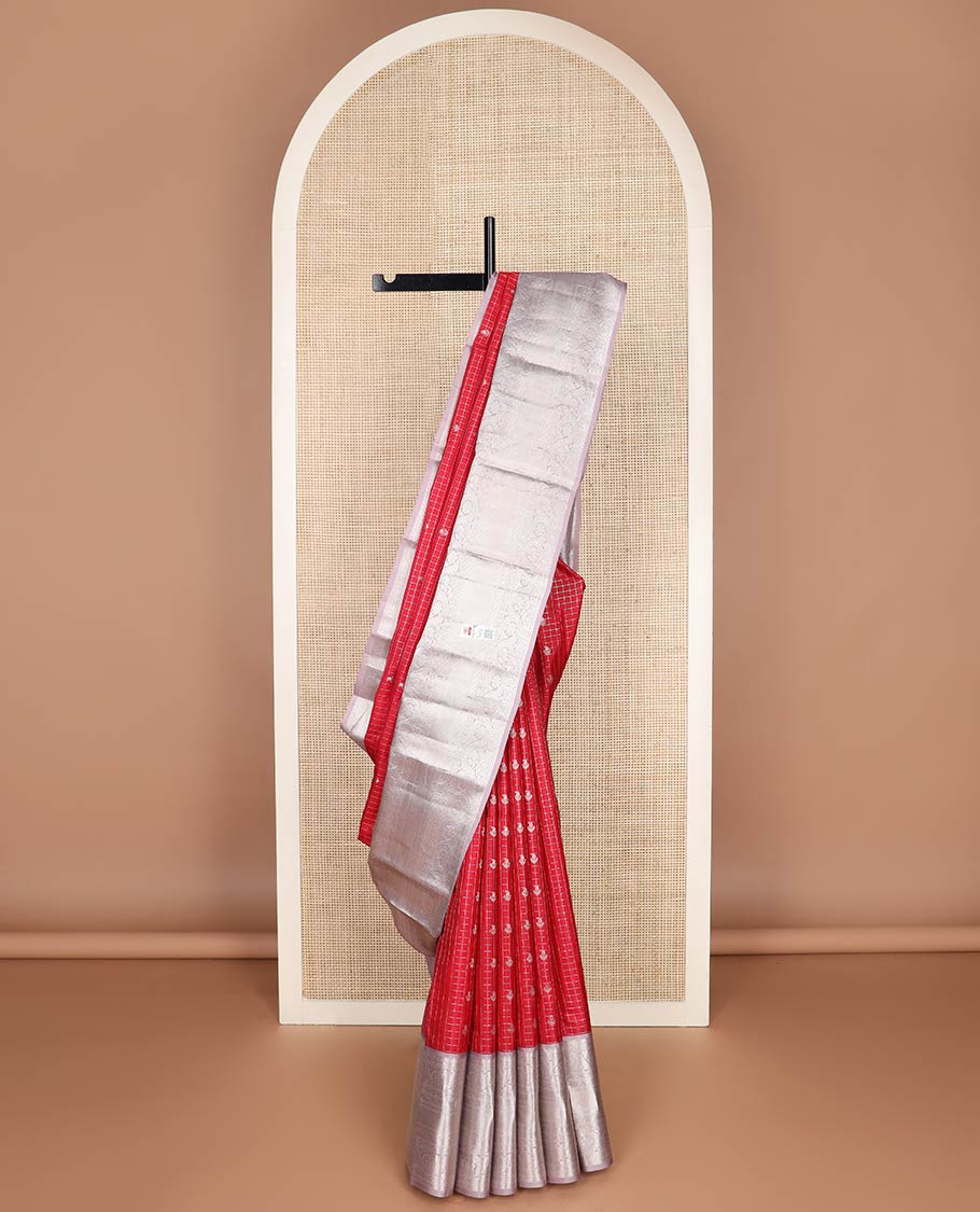 Red zari checks & buttas silk saree, contrast jaal pallu & zari border of rekku,dhavana kodi,rettai neli & kuyil kann