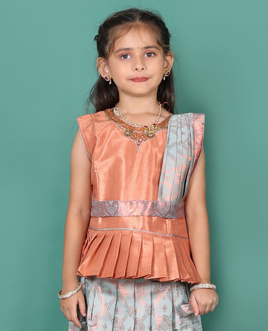 Grey readymade art silk pavadai set, jacquard with contrast traditional zari border skirt, and contrast jacquard embroidered sleeveless blouse with detachable dupatta