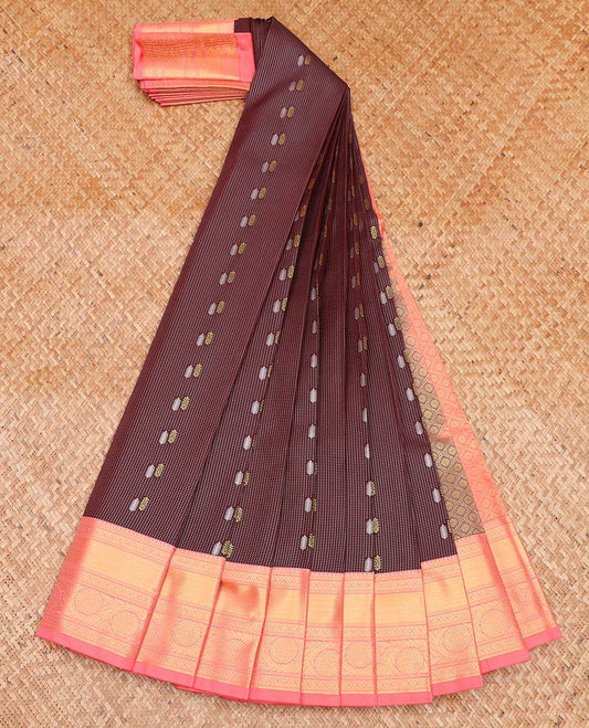 Brown Budget Silk Saree, Spotlighted with Zari Butta Enclosed Checks All Over Its Body, Complemented by a Contrast Traditional Zari Design Border, Grand Jaal Pallu, and Paired with a Contrast Blouse