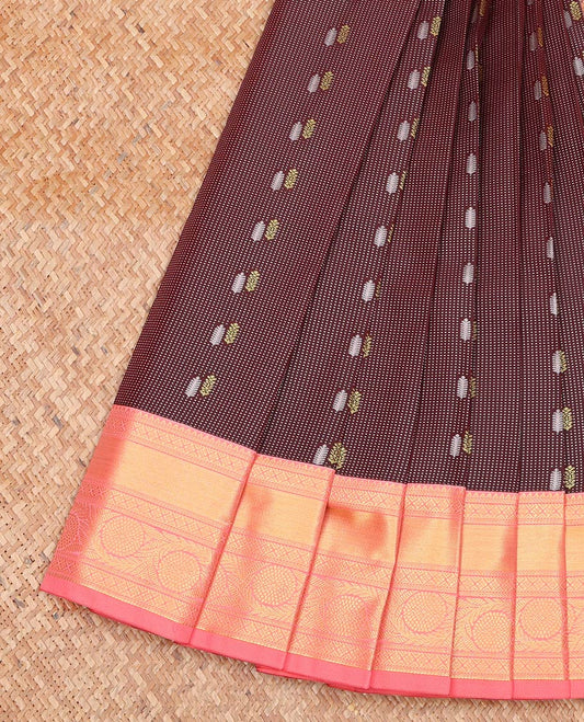 Brown Budget Silk Saree, Spotlighted with Zari Butta Enclosed Checks All Over Its Body, Complemented by a Contrast Traditional Zari Design Border, Grand Jaal Pallu, and Paired with a Contrast Blouse