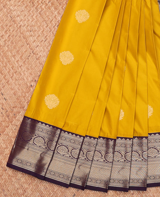 Mustard Budget Silk Saree, Subtly Sparkled with Buttas, Complemented by a Contrast Traditional Border, Grand Pallu, and a Contrast Blouse
