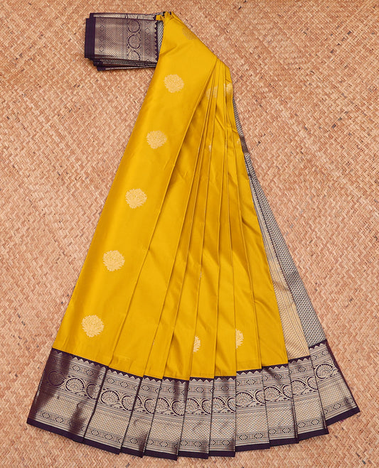 Mustard Budget Silk Saree, Subtly Sparkled with Buttas, Complemented by a Contrast Traditional Border, Grand Pallu, and a Contrast Blouse