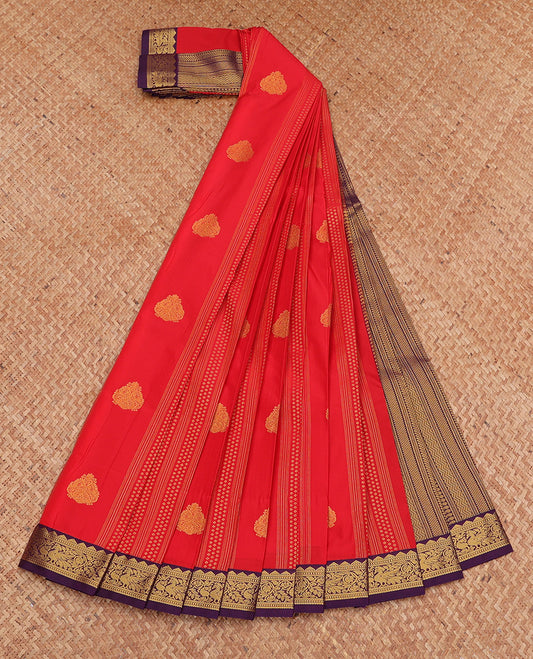 Red Budget Silk Saree, Spotlighted with Zari Buttas and Stripes, Complemented by a Contrast Traditional Zari Border, Geometric Pallu, and Contrast Blouse