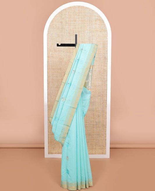Sky blue floral design chanderi cotton saree with self zari border & striped pallu