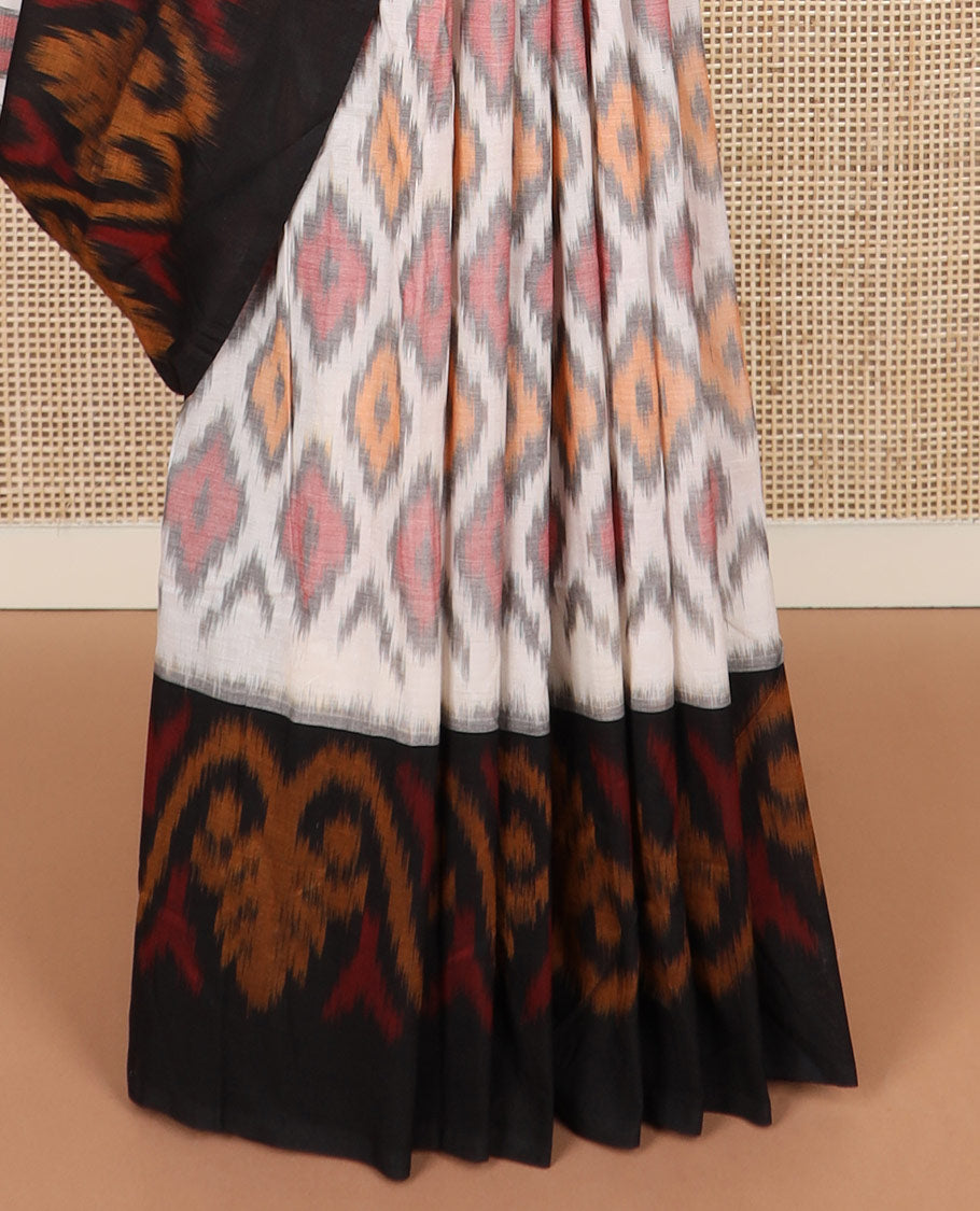 Half-white argyle design Pochampally ikkat saree, contrast ikkat border, and ikkat design pallu