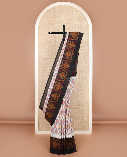 Half-white argyle design Pochampally ikkat saree, contrast ikkat border, and ikkat design pallu